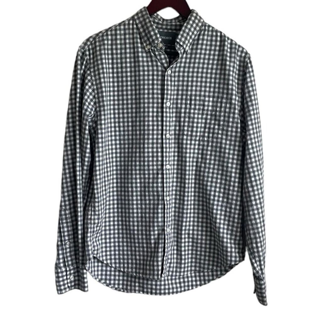 Bonobos Mens Shirt M Gray Gingham Check Long Sleeve Button Down Comfort Workwear